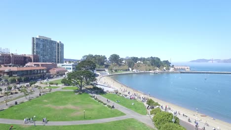 Drone-Aerial-Shot-of-San-Francisco-Ghirardelli-Square-and-City