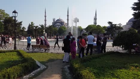 Hyperlapse-video:-Unidentfied-people-walk-around-and-explore-Blue-Mosque-or-Sultan-Ahmet-Mosque,-a-popular-landmark-in-Istanbul,-Turkey