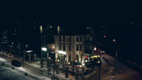 Krupówki-by-night,-Zakopane-in-Poland.-Aerial-shot