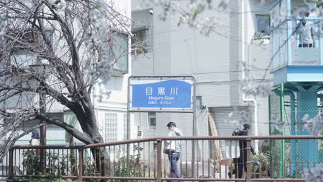 Meguro-River-Sign-With-Passerby-Walking-Along-The-River-During-Sakura-Season-In-Tokyo,-Japan