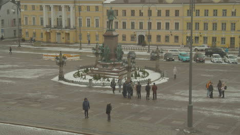 Statue-of-Emperor-Alexander-II-in-front-of-Helsinki-Cathedral,-Senate-Square-on-a-cold-winter-day