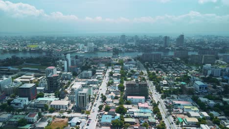 Victoria-Island-Lagos,-Nigeria---24-June-2021:-Drone-view-of-major-roads-and-traffic-in-Victoria-Island-Lagos-showing-the-cityscape,-offices-and-residential-buildings