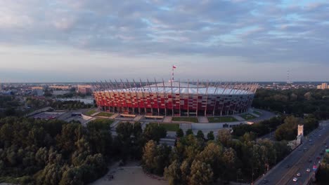 Drone-video-of-a-the-National-Stadium-in-Warsaw,-Poland