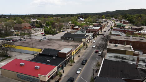 Aerial-view-showing-Grimsby-Downtown-located-on-Lake-Ontario-in-the-Niagara-Region,-Ontario,-Canada