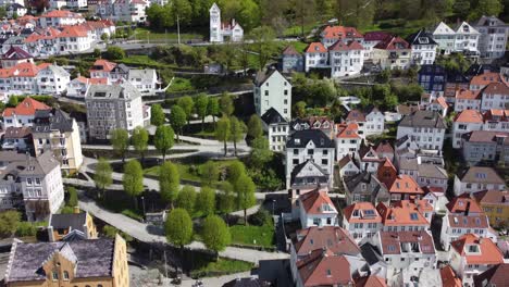 Mountain-light-rail-Floibanen-station-in-Bergen---Winding-roads-leading-to-expensive-neighbourhood-and-skansemyren---Aerial