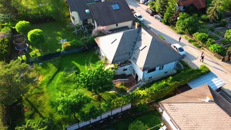 AERIAL---Calm-after-a-fire-at-a-house-in-Oberwaltersdorf,-Austria,-wide-shot