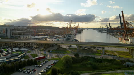 Gdynia,-Pomorskie-Poland---Drone-flight-over-the-port-of-Gdynia-on-Sunset