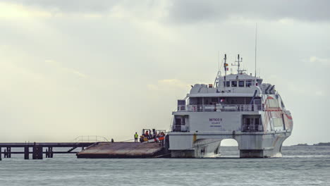 Timelapse-of-people,-cargo-boarding-Betico-II,-boat-transportation-between-islands,-New-Caledonia