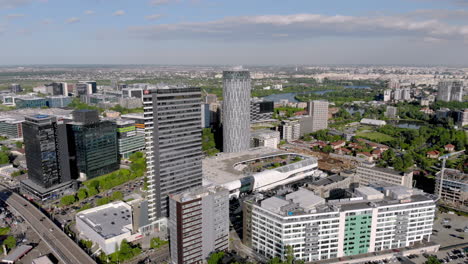 City-skyline-office-buildings-district-aerial-view,-Bucharest-,-Romania