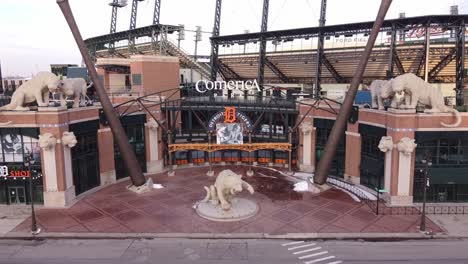 Parque-Comerica-Estructural-Y-Campo-De-Béisbol-En-La-Ciudad-De-Detroit,-Que-Es-El-Hogar-Del-Equipo-De-Béisbol-Tigres-En-Michigan,-Ee.uu.