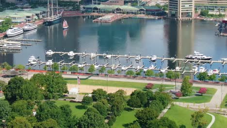 Innenhafen-Von-Baltimore-Mit-Wenigen-Festgemachten-Booten-Und-Einem-Leeren-Park-Im-Vordergrund-Während-Des-Covid19-Ausbruchs