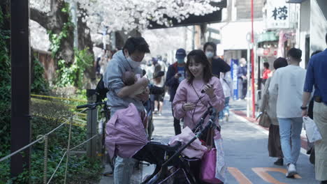 Junges-Ehepaar-Mit-Seinem-Baby-Während-Hanami-Inmitten-Des-Coronavirus-In-Tokio,-Japan