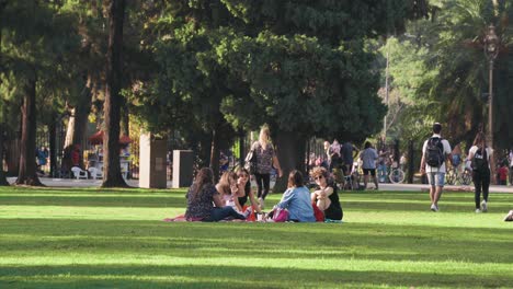 Círculo-De-Amigos-Y-Mucha-Gente-Disfrutando-Del-Parque-En-Un-Día-Soleado