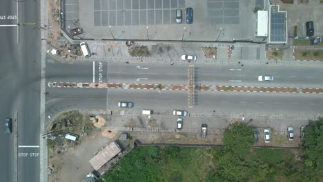 Victoria-Island-Lagos,-Nigeria---20-Feb-2022:-drone-view-of-cars-and-traffic-on-Ahmadu-Bello-Way,-Victoria-Island-Lagos