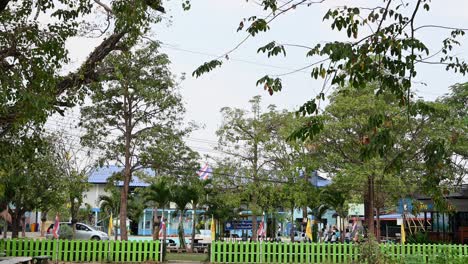 Typical-provincial-Thai-school,-a-scenery-captured-in-the-afternoon,-children-busy-getting-ready-to-go-home,-Saraburi,-Thailand