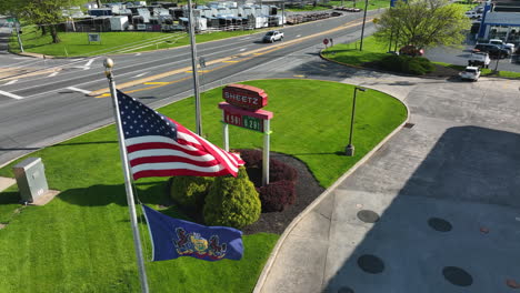 Aerial-rising-shot-of-American-flag