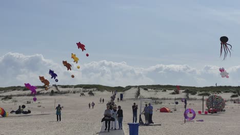 Grandes-Cometas-Y-Globos-Inusuales-Con-Animales-Y-Osos-De-Peluche-Volando-En-La-Playa-De-Norderney,-Alemania