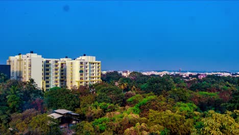 The-beautiful-static-view-of-a-building-far-away,-the-blue-sky-and-and-its-background