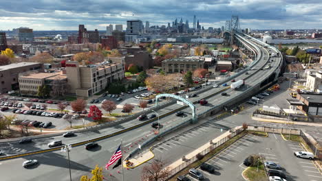 Aerial-of-Ben-Franklin-Bridge-in-Camden,-NJ