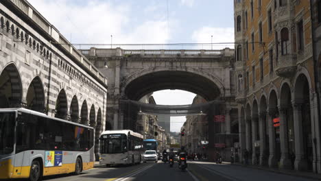 Driving-Towards-Monumental-Bridge-On-Via-XX-Settembre-In-Genoa,-Italy-At-Daytime