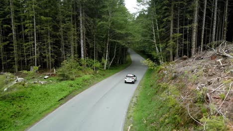 Siguiendo-Un-Subaru-Crosstrek-Desde-Un-área-Despejada-Hasta-Un-Bosque-Denso,-Editorial-Ilustrativa-Aérea