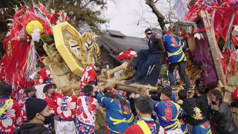 Fire-Festival-Celebration-in-Omihachiman,-Japan,-Decorations-in-Parade