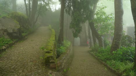 Haupteingang-In-Moors-Castle,-Bedeckt-Mit-Dichtem-Nebel,-Mit-Menschen-Am-Tor