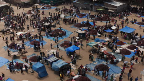 Gente-Caminando-Alrededor-Del-Montón-De-Chiles-Secos-En-El-Mercado-De-Paprika-En-Alaba-Kulito,-Etiopía