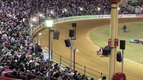 Vintage-Speedway-Cars-presented-by-Vintage-Speedway-Association,-drivers-racing-on-the-track-of-main-arena,-Ekka-Brisbane-Showgrounds,-Royal-Queensland-Show,-Australia