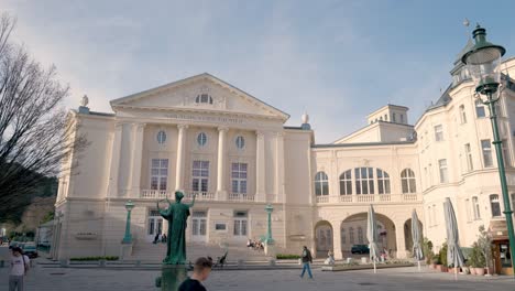 Covid-Lockdown-in-Austria---Baden-near-Vienna---Closed-theater-people-enjoy-the-sun