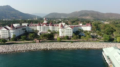 Disneyland-Hotel-and-park-in-Hong-Kong-empty-and-closed-for-visitors-due-to-covid19-lockdown-guidelines,-Aerial-view