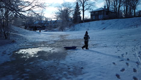 Plano-General-De-Un-Niño-Rescatando-Un-Tobogán-De-Un-Parche-De-Hielo