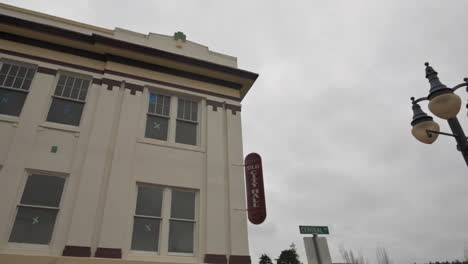 Old-City-Hall-Antiques-Building-In-Coos-Bay,-Oregon-Permanently-Closed-And-Cordoned-With-Yellow-Caution-Tape