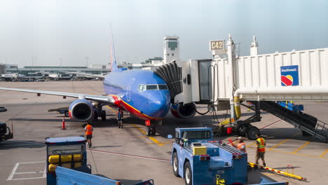 Time-lapse-plane-pulling-into-jet-bridge-at-airport-with-workers-and-vehicles-moving-luggage