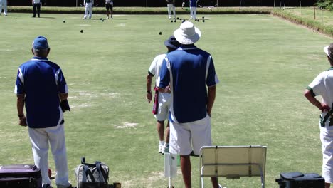 A-rear-view-of-club-lawn-bowlers-delivering-their-woods