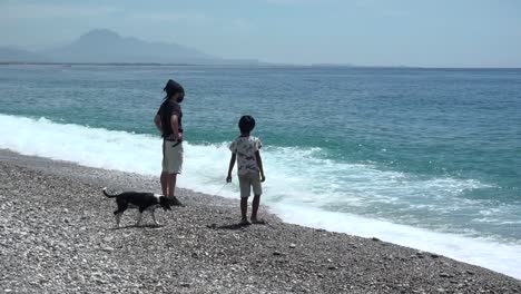 Un-Hombre,-Un-Niño-Y-Un-Perro-Admirando-La-Vista-Del-Océano-Desde-La-Orilla-Del-Mar