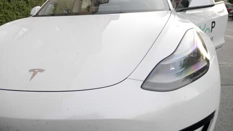 Faros-Y-Capó-Delantero-Del-Sedán-Tesla-Modelo-3-Blanco-Para-El-Servicio-De-Carsharing