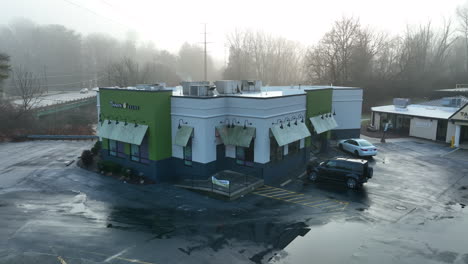 Exterior-aerial-of-Panera-Bread-Company,-American-chain-store-of-bakery-cafe-restaurant-retail