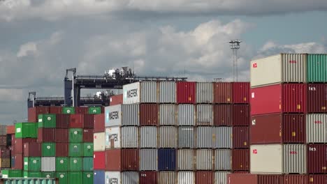 Cranes-moves-shipping-container-in-the-Port-of-Felixstowe,-Suffolk,-UK