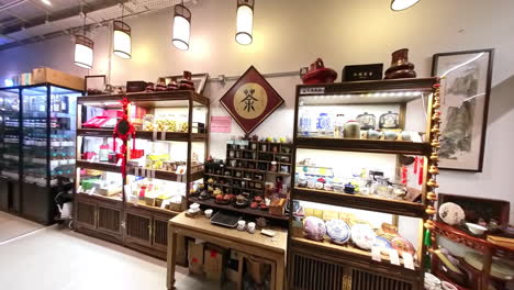 Elegant-Tea-Product-Display-in-Central-Market-Tea-shop,-Hong-Kong