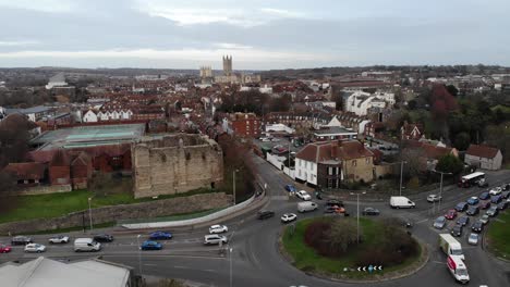 Drone-shot-showing-the-busy-traffic-on-Rheims-Way-leading-to-Wincheap-Roundabout-in-Canterbury,-Kent,-UK