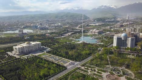 Aerial-of-Dushanbe-presidential-palace-and-Rudaki-park,-Tajikistan