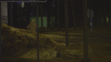 Elderly-couple-slowly-walking-at-night-streets-in-winter-season,-back-view