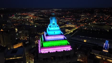 Aerial-orbit-around-Gulf-Tower-in-Pittsburgh,-Pennsylvania-at-night