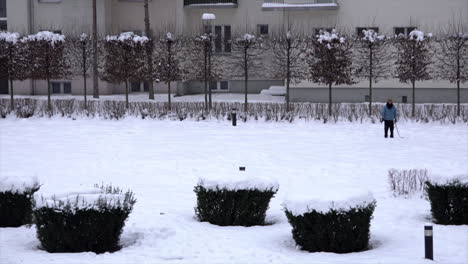 Ein-Mann-Spielt-Mit-Seinem-Golden-Retriever-Hund-Im-Tiefschnee-Frisbee-Holen