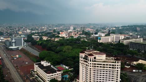 Aerial-view-over-the-cityscape-of-Yaounde-city,-rainy-day-in-Cameroon,-Africa