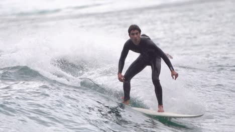 Gran-Canaria-Spain---February-9-2023:-Surfers-try-to-ride-waves-at-Las-Canteras-beach-in-Las-Palmas-de-Gran-Canaria,-Spain