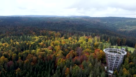 Panning-Aerial-Drone-Shot-Of-Baumwipfelpfad-Schwarzwald,-Germany