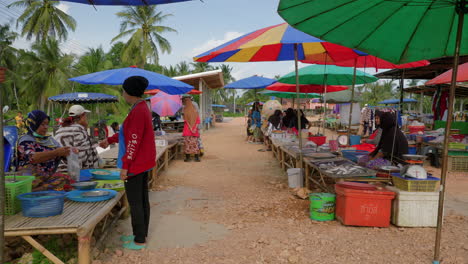 Granjeros-Locales-Que-Venden-Pescado-En-Puestos-De-Comida-En-El-Mercado-De-Granjeros-Al-Aire-Libre-En-Asia,-Estableciendo-Tomas