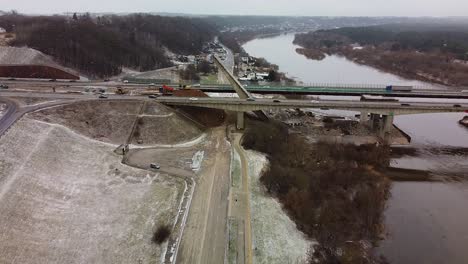 Desastre-Del-Puente-De-La-Autopista-A1-Durante-La-Demolición,-Vista-Aérea-De-Drones